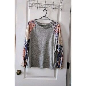 Freebird‎ Women's Gray Knit Top Long Sleeve Rayon Bohemian Floral Blouse Size L
